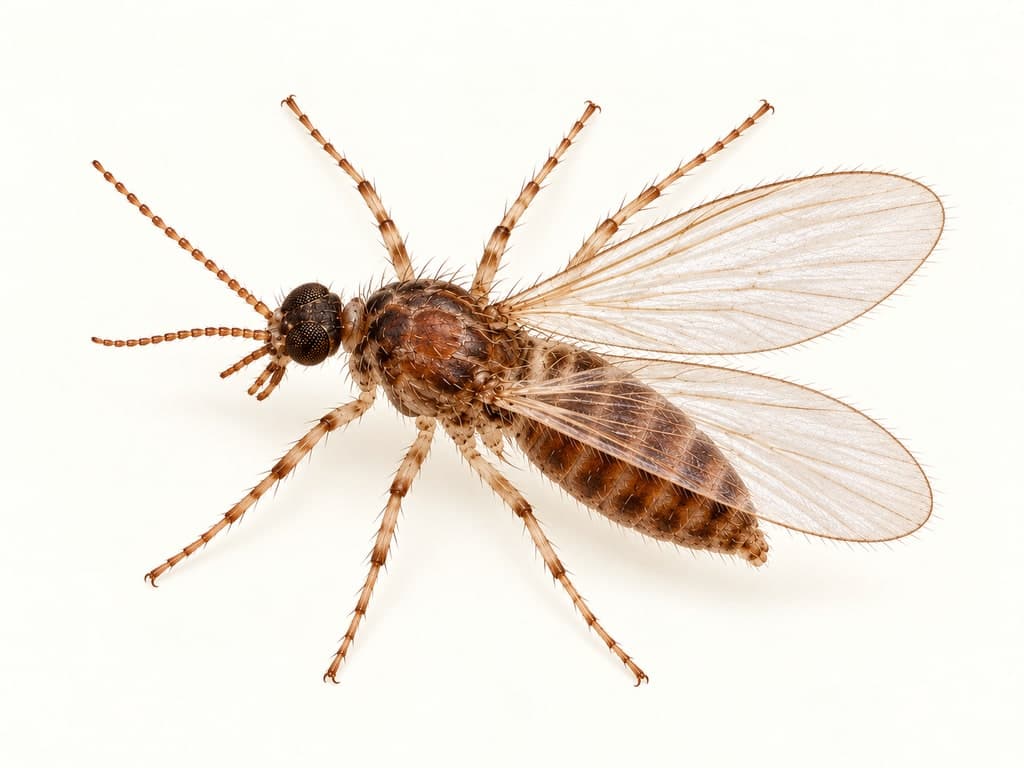 Skýringarmynd: Lúsmý (Culicoides reconditus), heilt dýr á ljósum fleti.