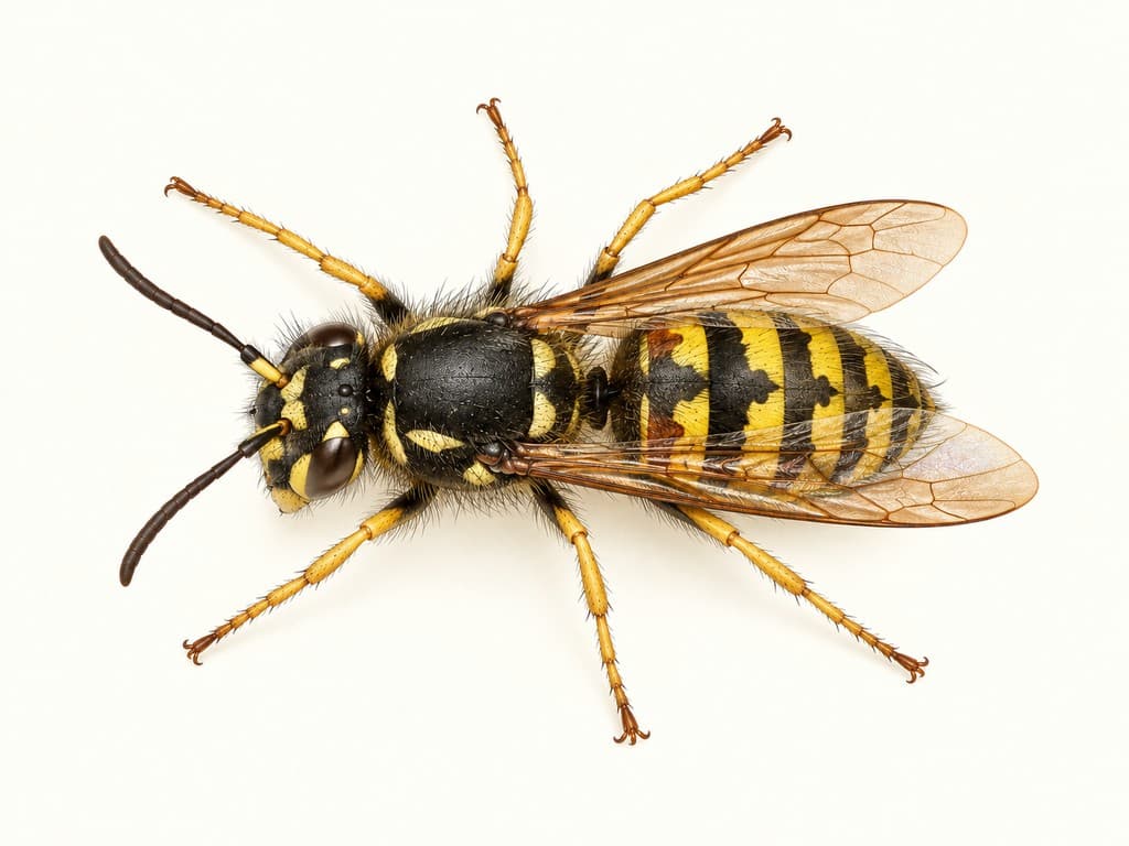 Illustration: Norwegian wasp (Dolichovespula norwegica), whole animal on a light background.