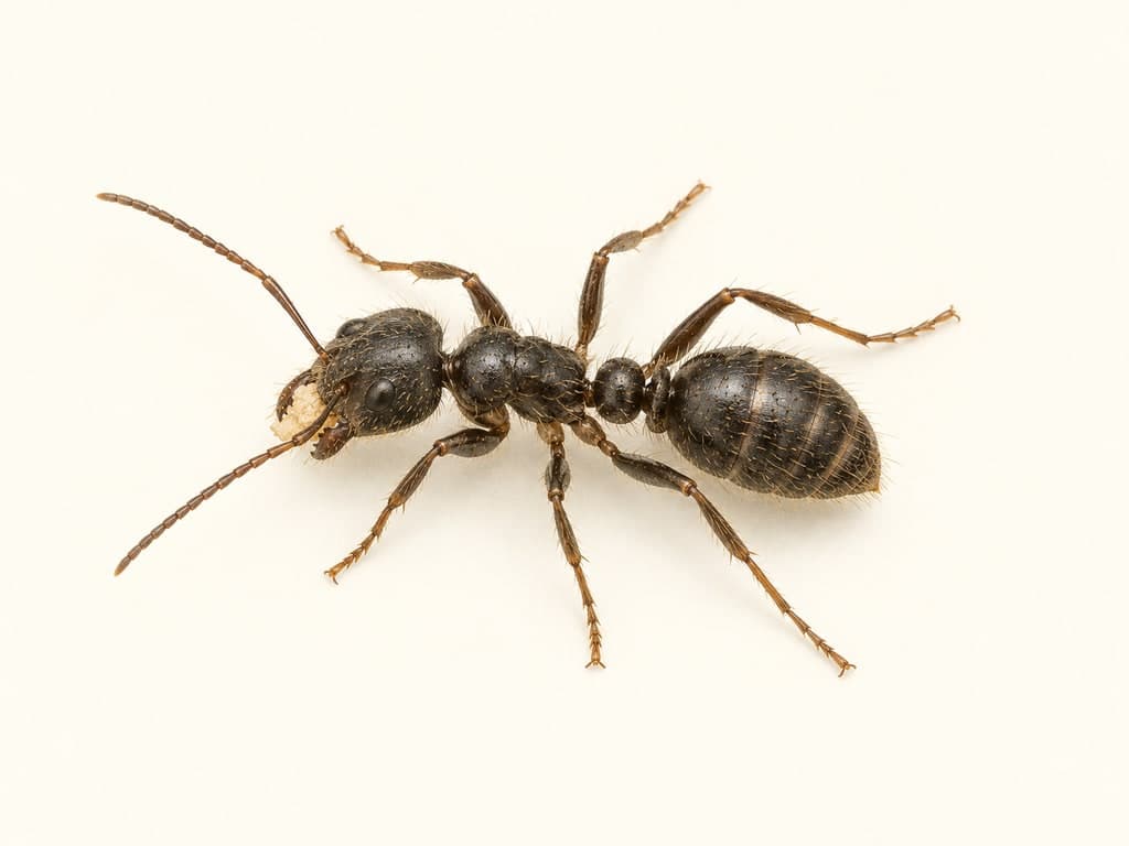 Ilustracja: Hurtnica czarna (Lasius niger), całe zwierzę na jasnym tle.