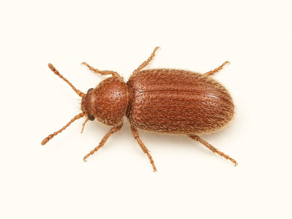 Ilustracja: Żywiak chlebowiec (Stegobium paniceum), całe zwierzę na jasnym tle.