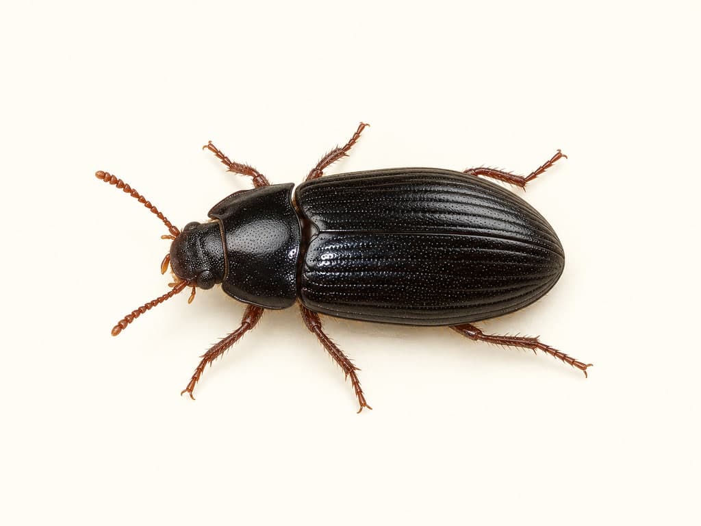 Ilustracja: Pleśniakowiec lśniący (Alphitobius diaperinus), całe zwierzę na jasnym tle.