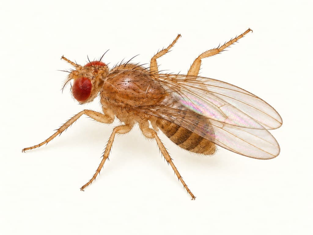 Ilustracja: Muszka owocowa (Drosophila melanogaster), całe zwierzę na jasnym tle.