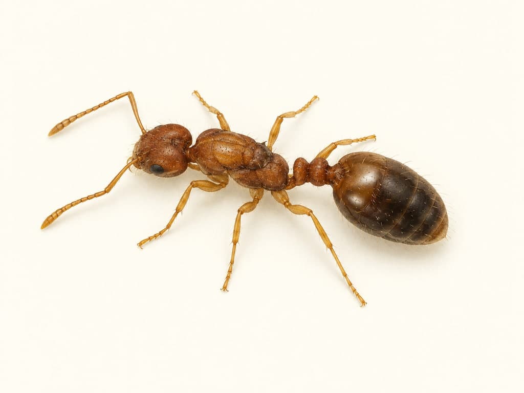 Ilustracja: Mrówka faraona (Monomorium pharaonis), całe zwierzę na jasnym tle.