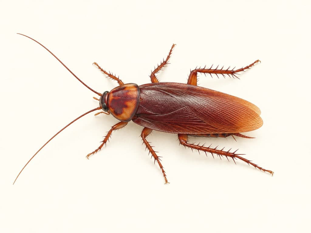 Illustration: American cockroach (Periplaneta americana), whole animal on a light background.