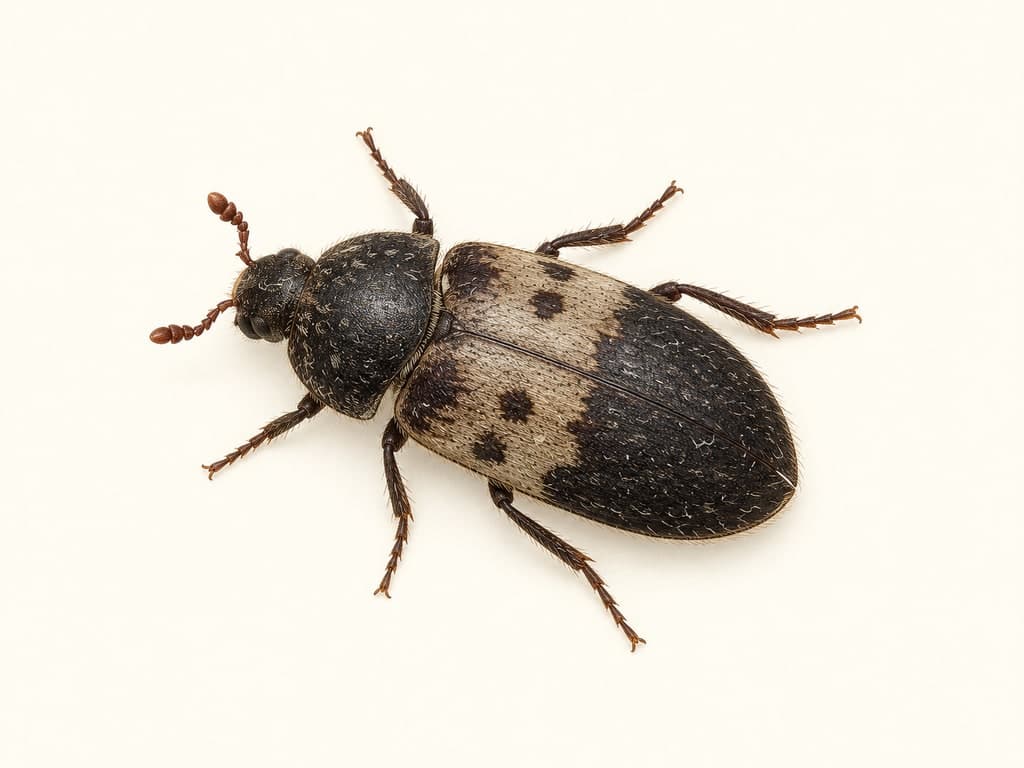 Ilustracja: Skórnik słoniniec (Dermestes lardarius), całe zwierzę na jasnym tle.