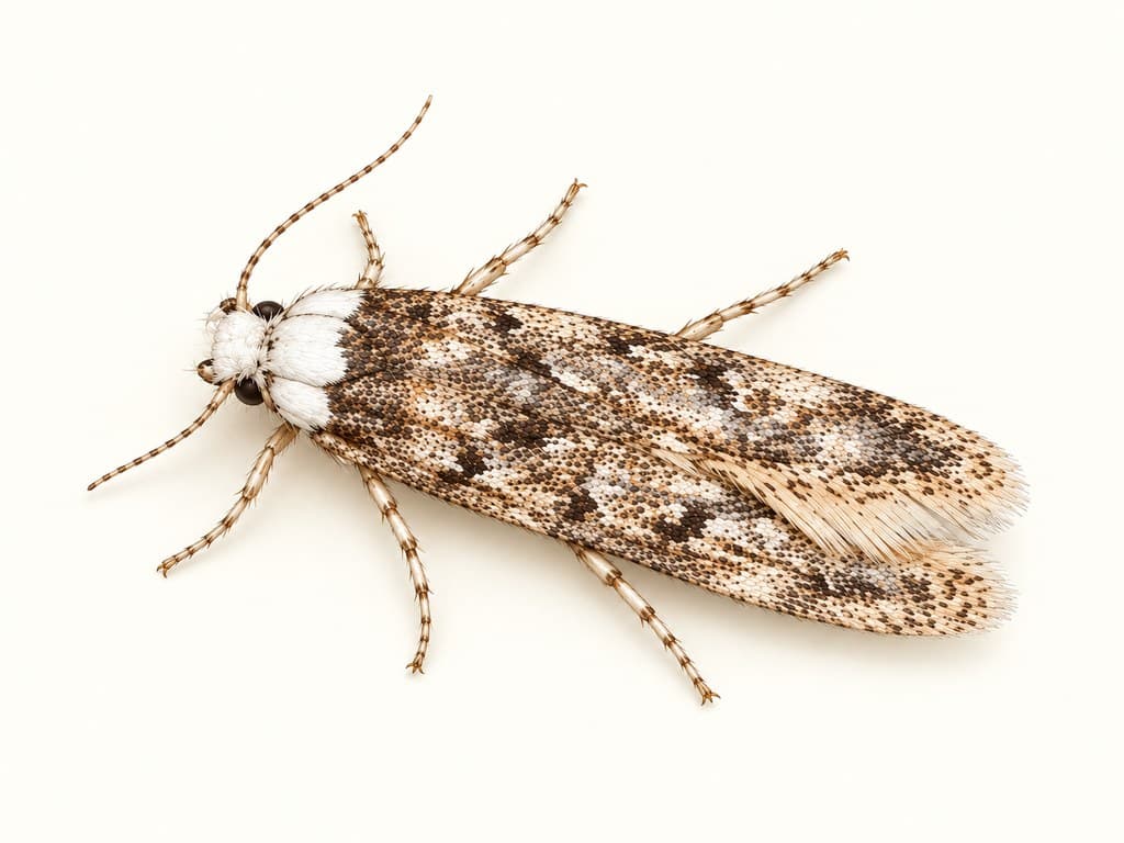 Ilustracja: Mól białoramienny (Endrosis sarcitrella), całe zwierzę na jasnym tle.