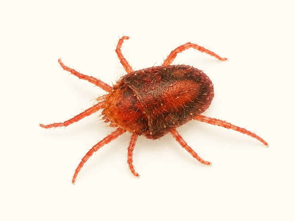 Ilustracja: Przędziorek koniczynowiec (Bryobia praetiosa), całe zwierzę na jasnym tle.