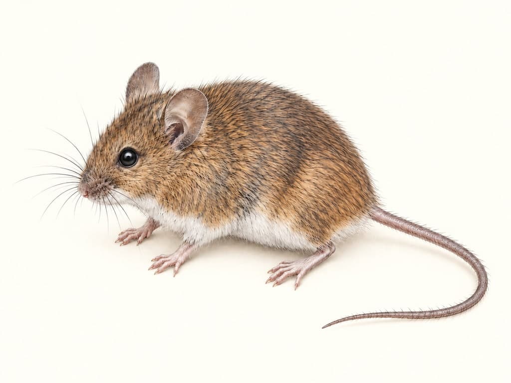 Illustration: Wood mouse (Apodemus sylvaticus), whole animal on a light background.