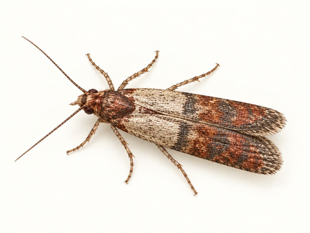 Ilustracja: Omacnica spichrzanka (Plodia interpunctella), całe zwierzę na jasnym tle.