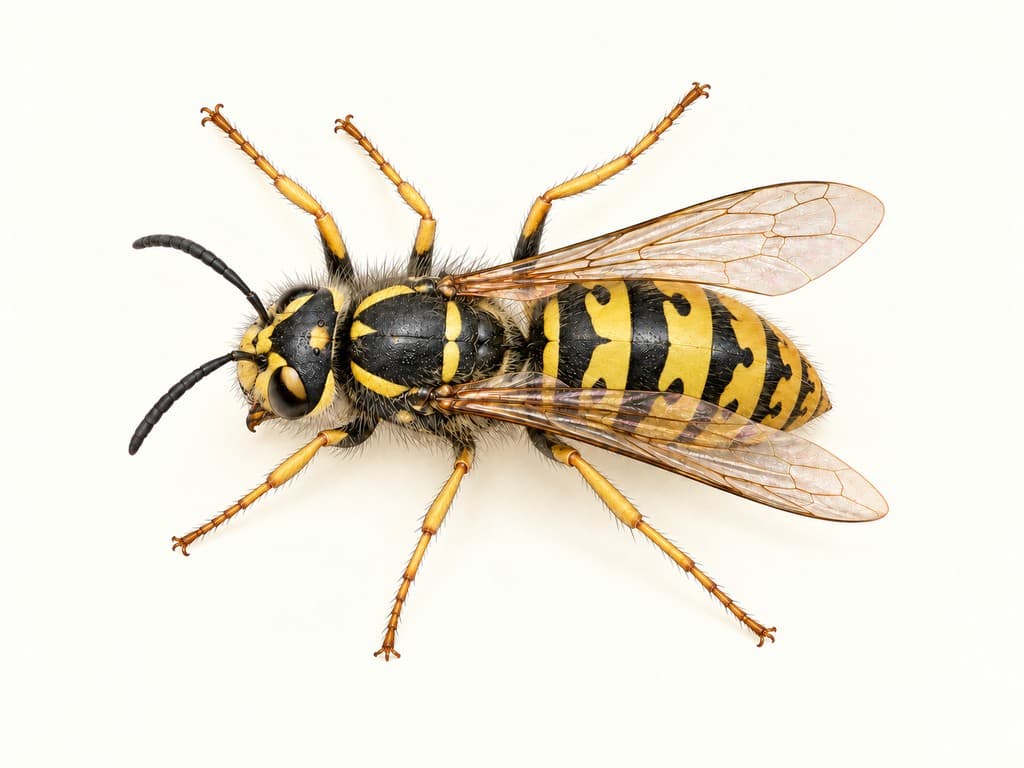 Skýringarmynd: Holugeitungur (Vespula vulgaris), heilt dýr á ljósum fleti.
