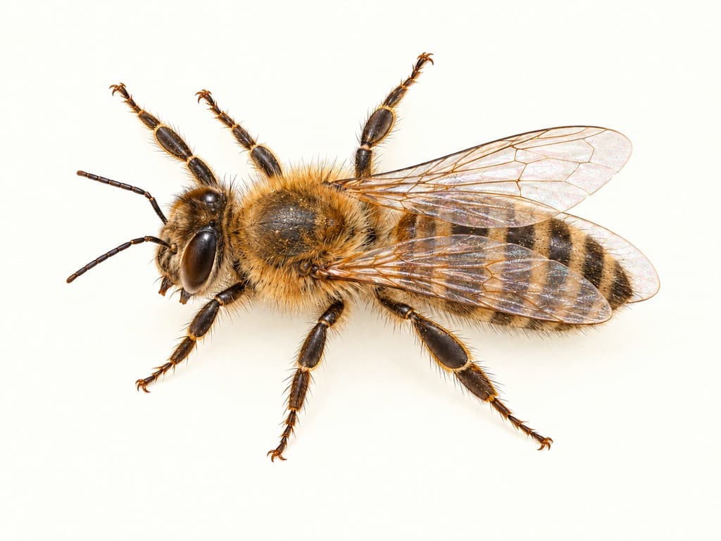 Ilustracja: Pszczoła miodna (Apis mellifera), całe zwierzę na jasnym tle.