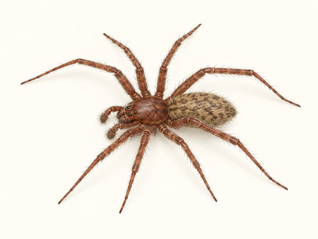 Ilustracja: Kątnik domowy (Tegenaria domestica), całe zwierzę na jasnym tle.