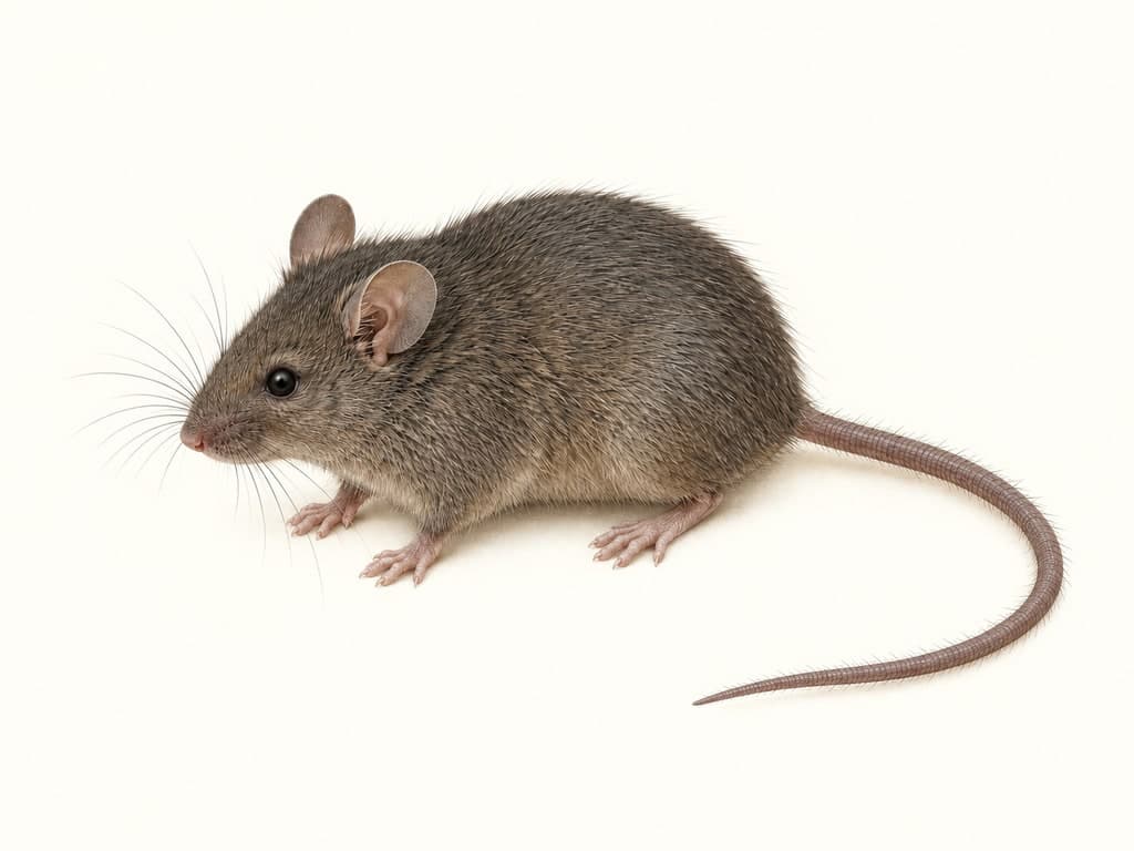 Ilustracja: Mysz domowa (Mus musculus), całe zwierzę na jasnym tle.