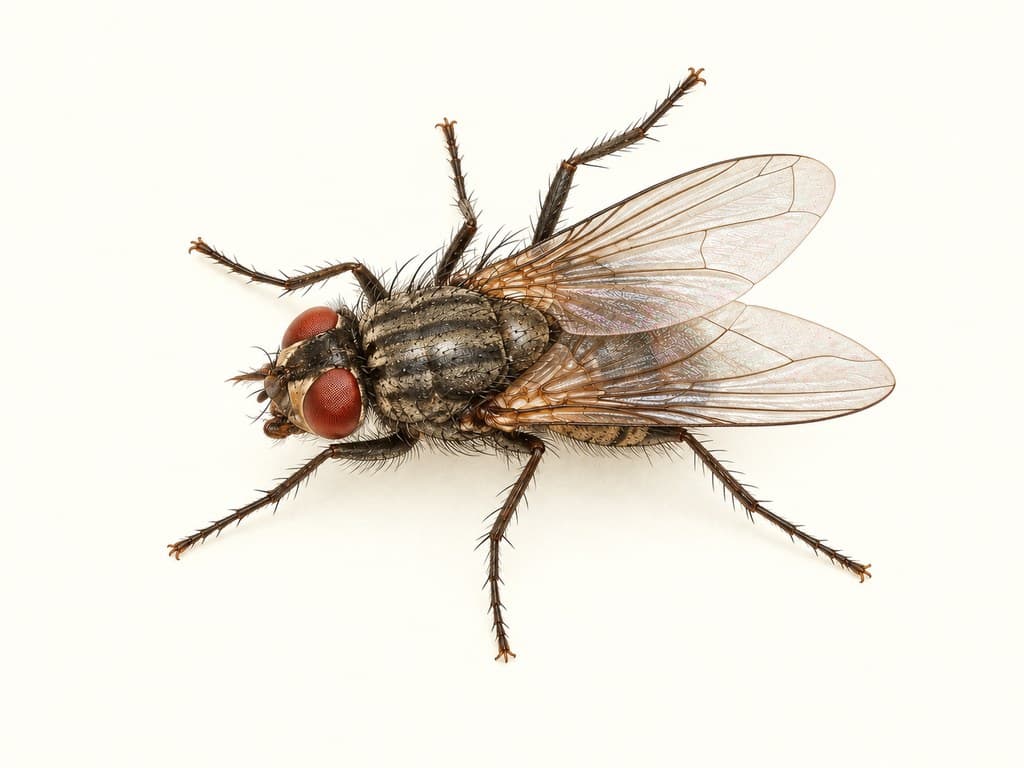 Illustration: House fly (Musca domestica), whole animal on a light background.