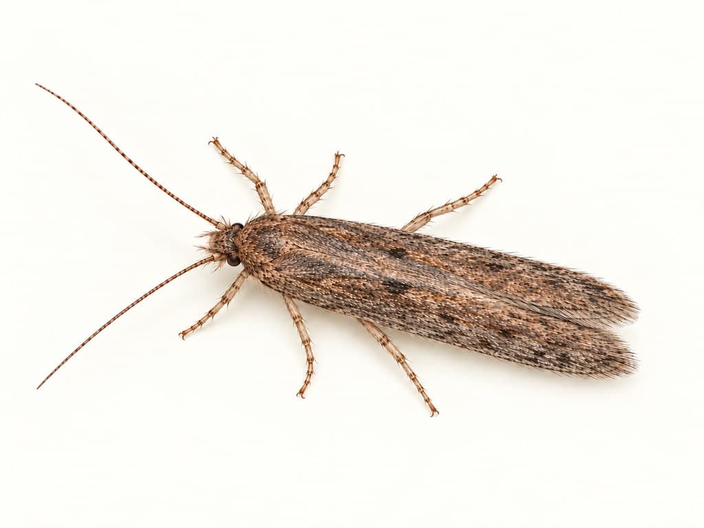 Ilustracja: Mól domowy (Hofmannophila pseudospretella), całe zwierzę na jasnym tle.