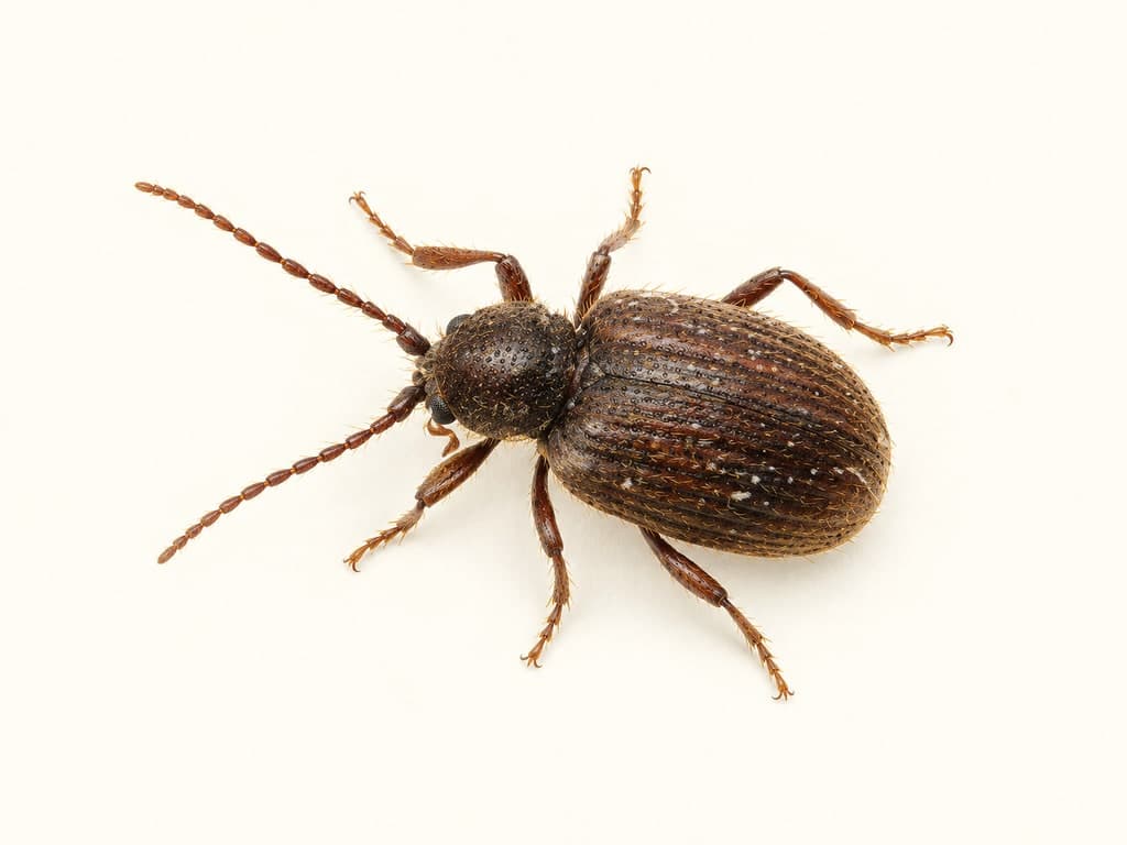 Ilustracja: Australijski pustosz (Ptinus tectus), całe zwierzę na jasnym tle.