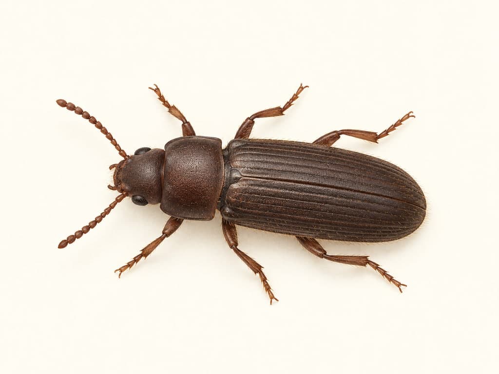 Illustration: Destructive flour beetle (Tribolium destructor), whole animal on a light background.