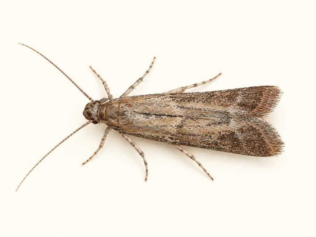 Ilustracja: Mól kakaowy (Ephestia elutella), całe zwierzę na jasnym tle.
