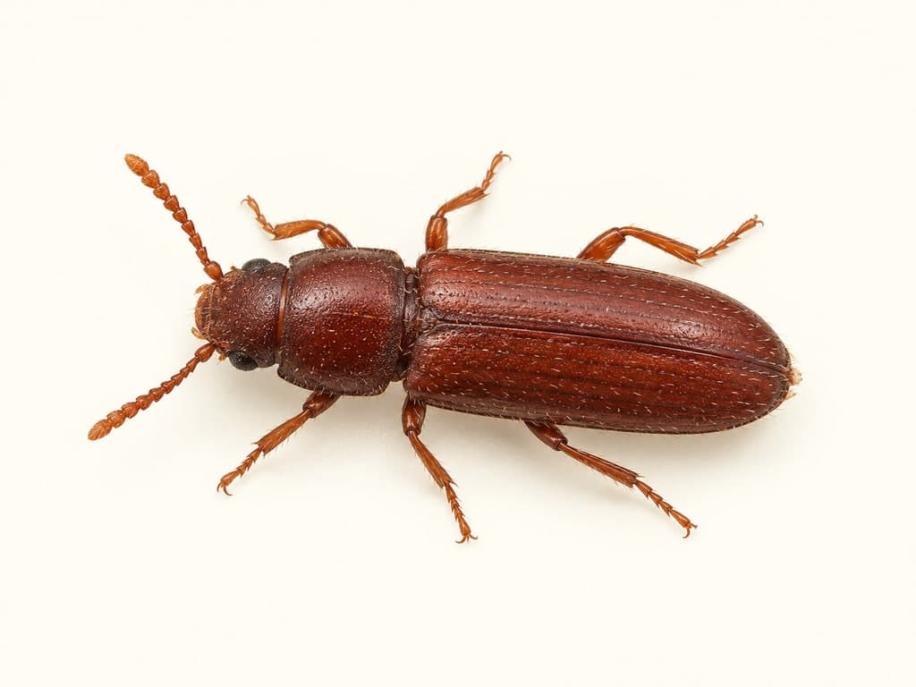 Illustration: Red flour beetle (Tribolium castaneum), whole animal on a light background.