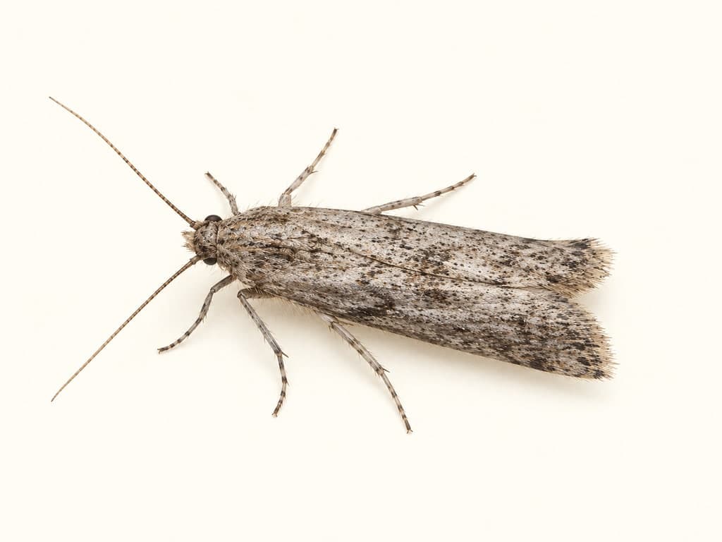 Ilustracja: Mklik mączny (Ephestia kuehniella), całe zwierzę na jasnym tle.