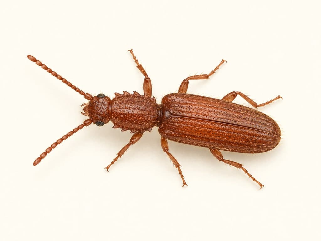 Ilustracja: Spichrzel surynamski (Oryzaephilus surinamensis), całe zwierzę na jasnym tle.