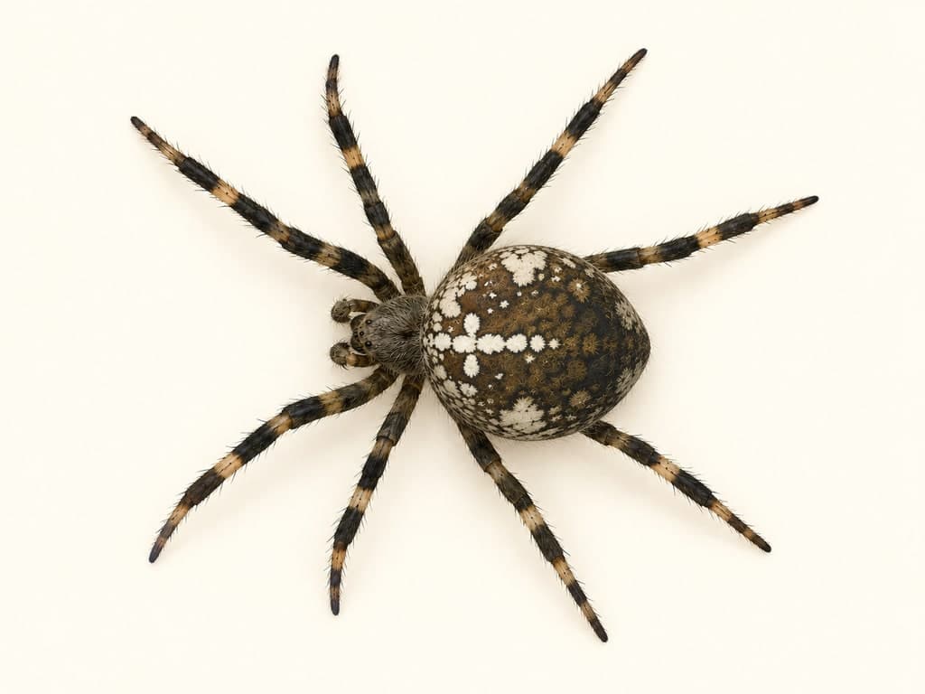 Ilustracja: Krzyżak ogrodowy (Araneus diadematus), całe zwierzę na jasnym tle.