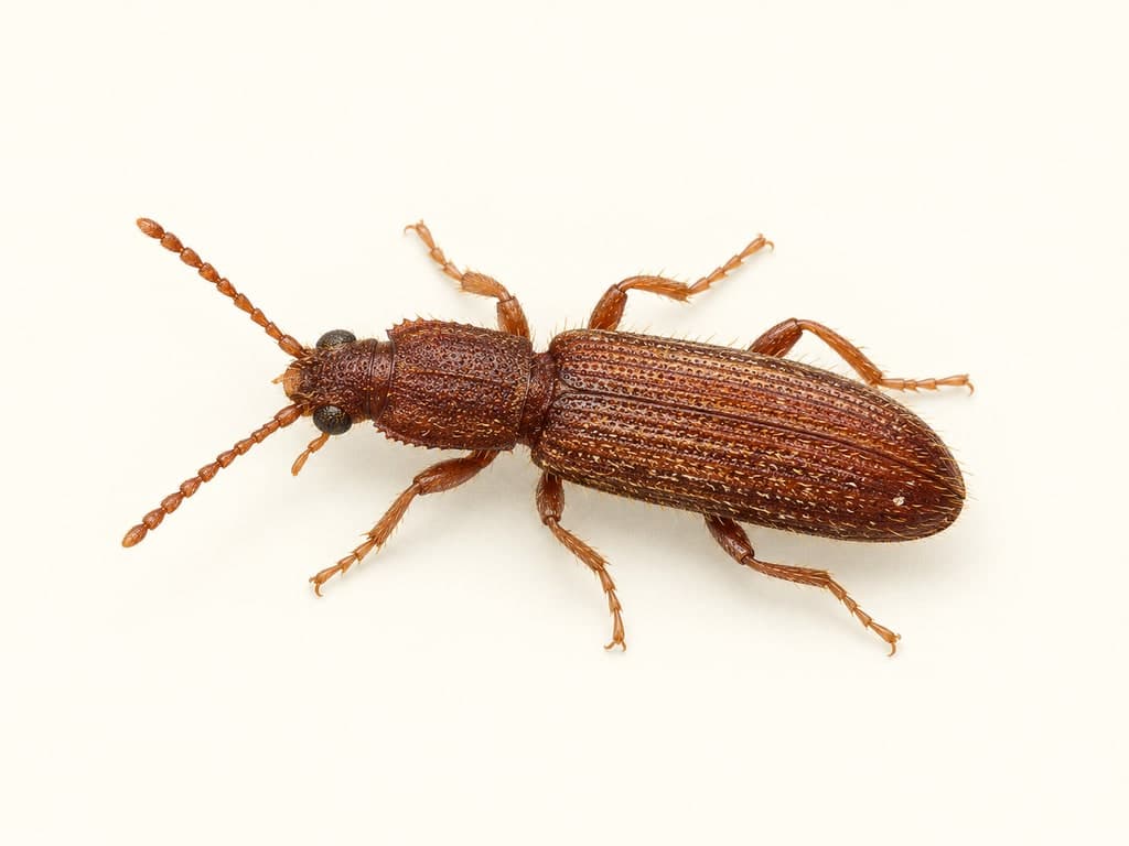 Ilustracja: Spichrzel orzechowy (Oryzaephilus mercator), całe zwierzę na jasnym tle.