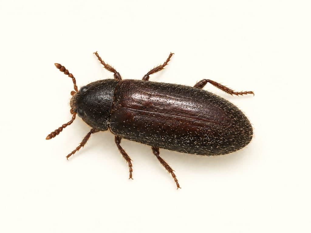 Ilustracja: Skórnik peruwiański (Dermestes peruvianus), całe zwierzę na jasnym tle.