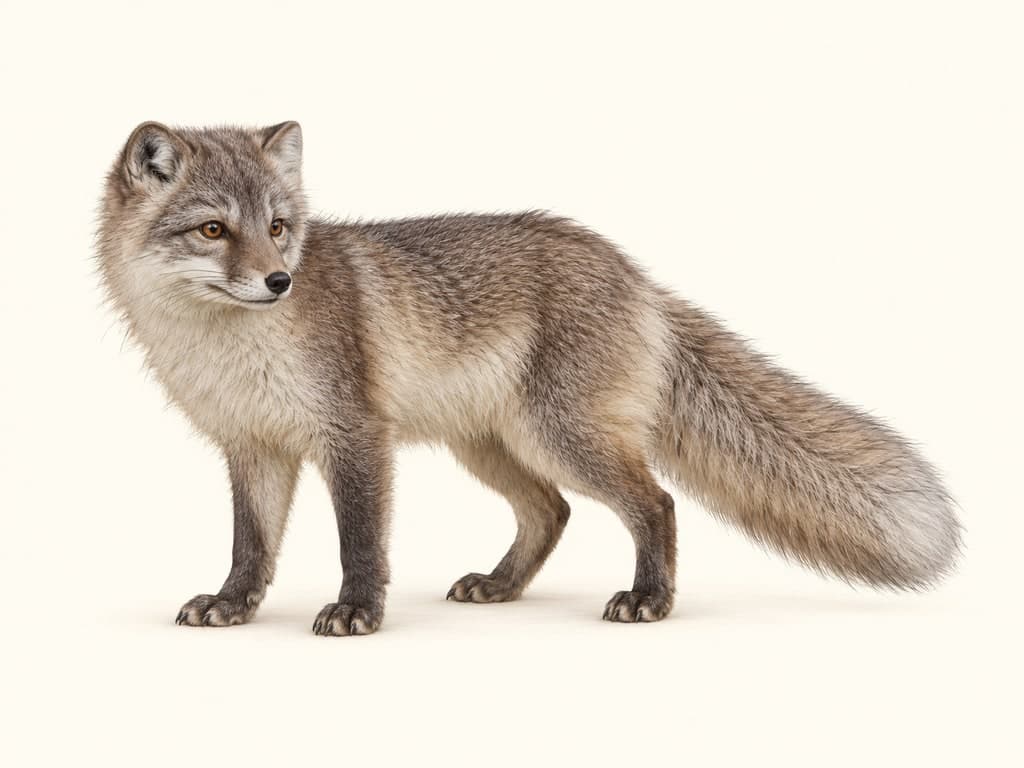 Illustration: Arctic fox (Vulpes lagopus), whole animal on a light background.