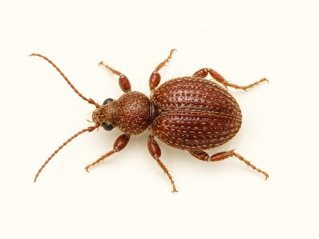 Ilustracja: Pustosz (Epauloecus unicolor), całe zwierzę na jasnym tle.