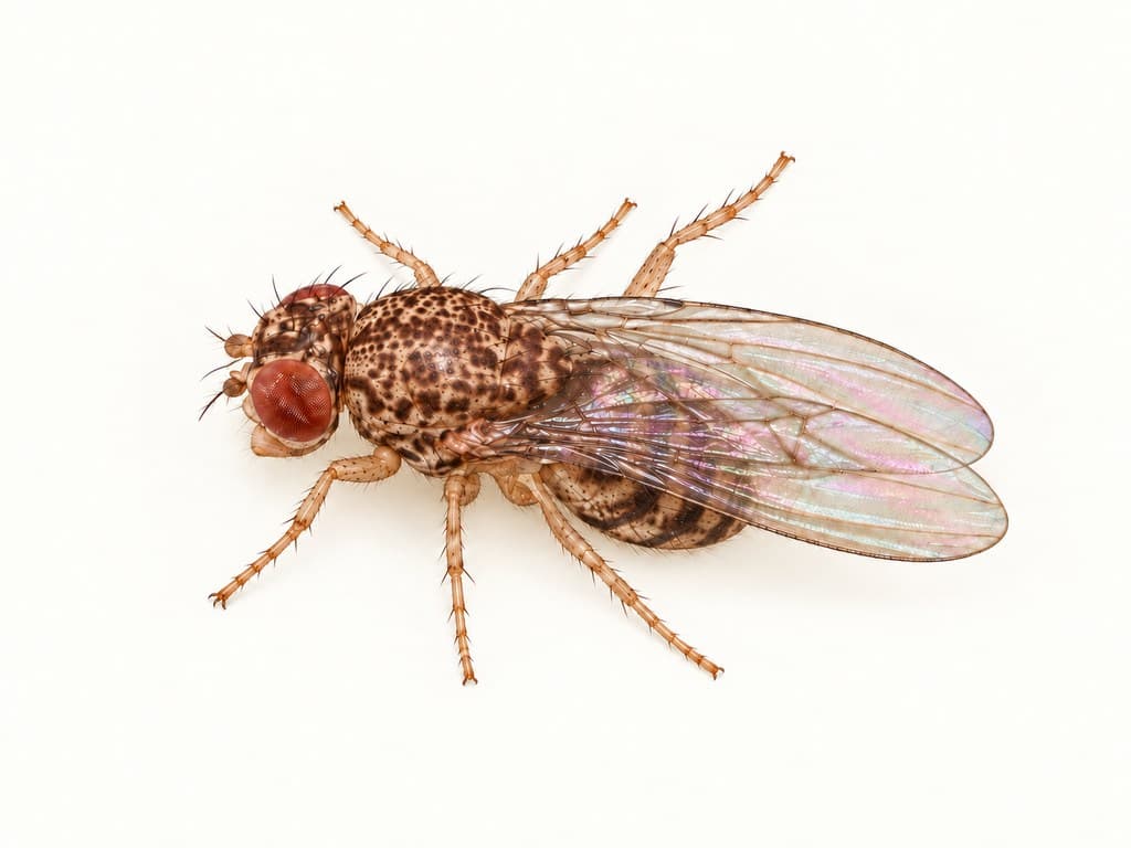 Ilustracja: Ciemna muszka owocowa (Drosophila repleta), całe zwierzę na jasnym tle.