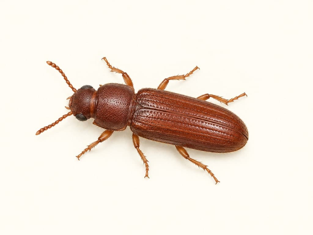 Illustration: Confused flour beetle (Tribolium confusum), whole animal on a light background.