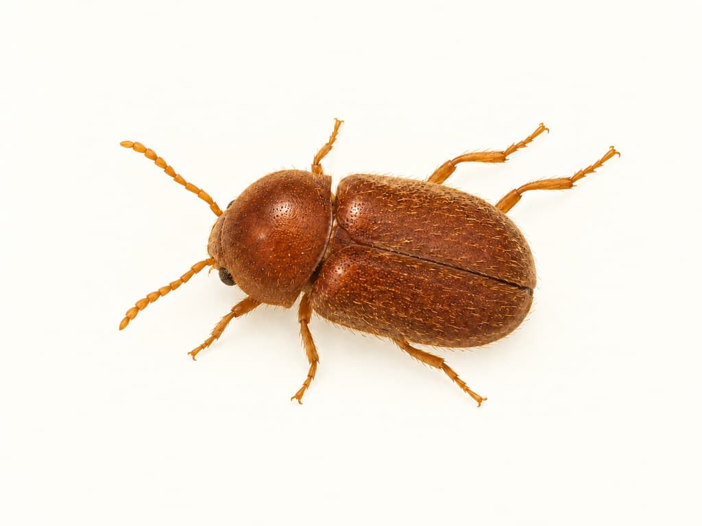 Ilustracja: Lasioderma tytoniowa (Lasioderma serricorne), całe zwierzę na jasnym tle.