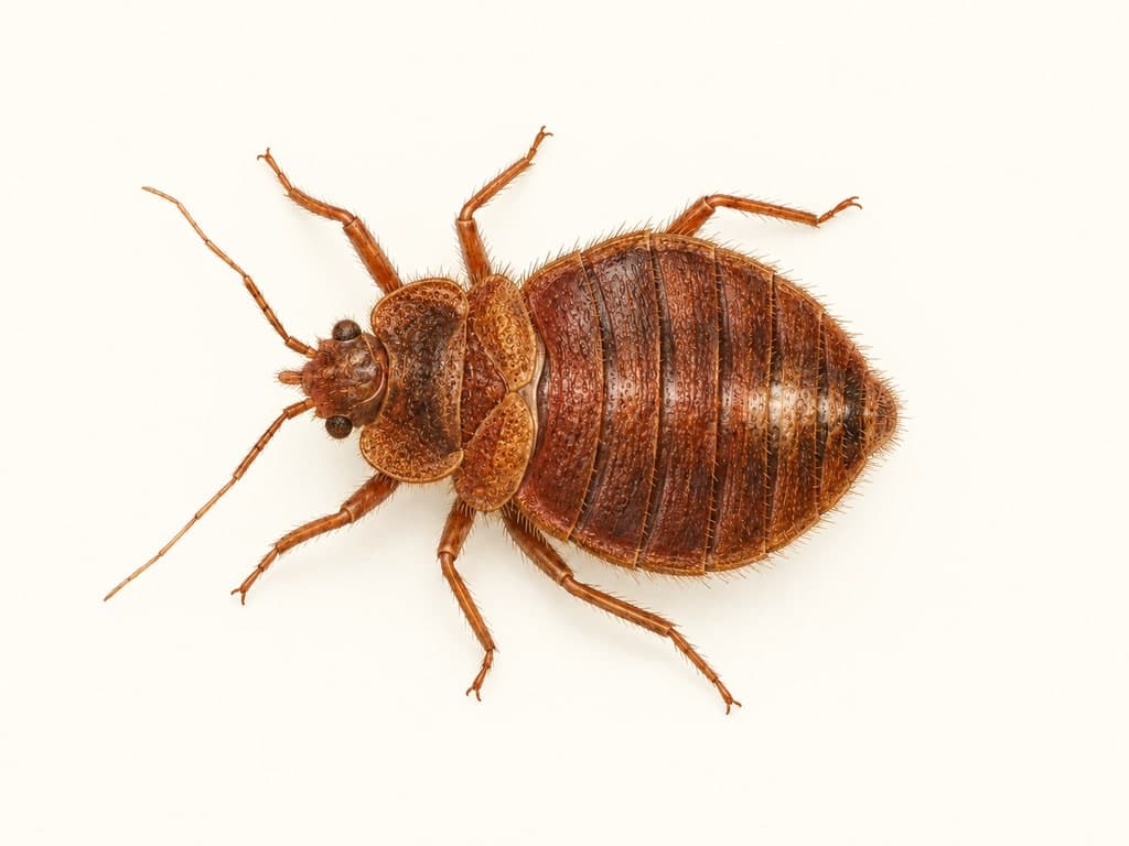 Skýringarmynd: Veggjalús (Cimex lectularius), heilt dýr á ljósum fleti.