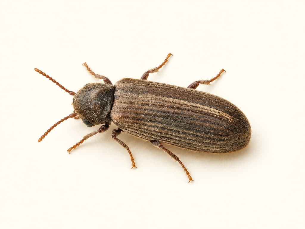 Ilustracja: Kołatek domowy (Anobium punctatum), całe zwierzę na jasnym tle.