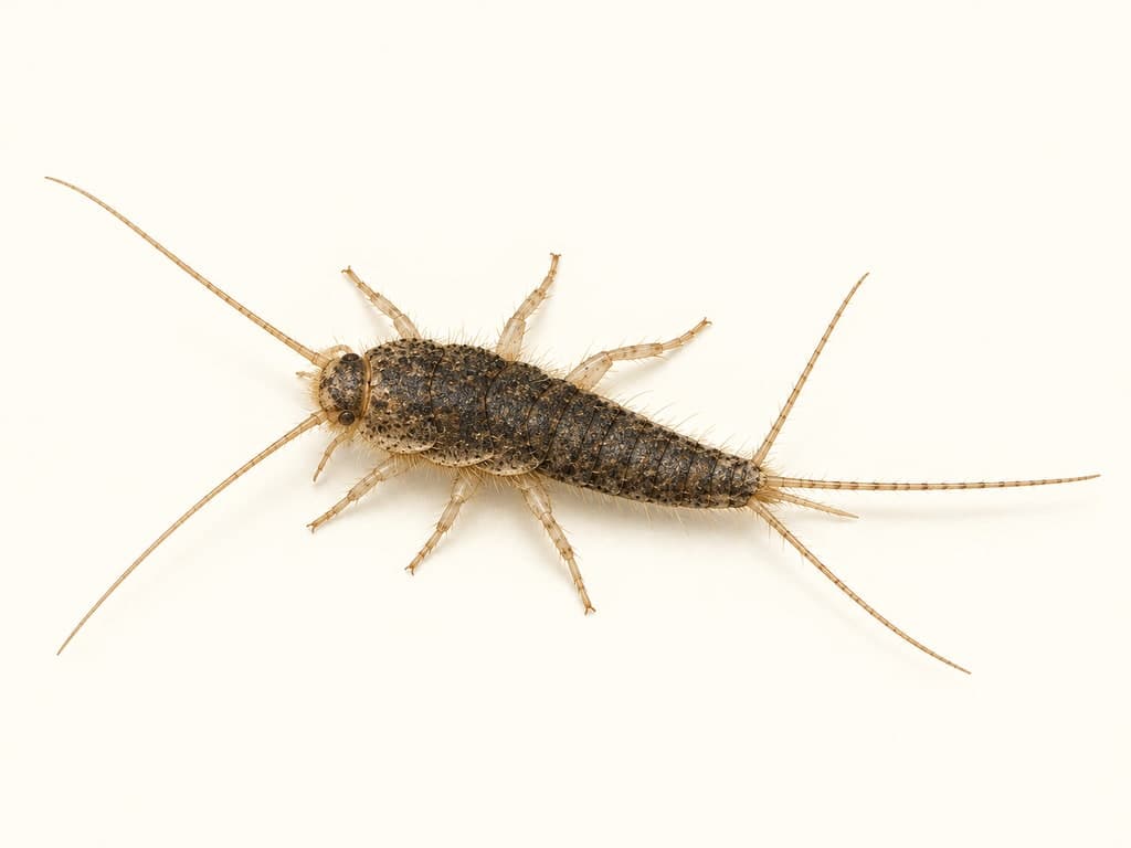 Ilustracja: Rybik piecykowy (Thermobia domestica), całe zwierzę na jasnym tle.